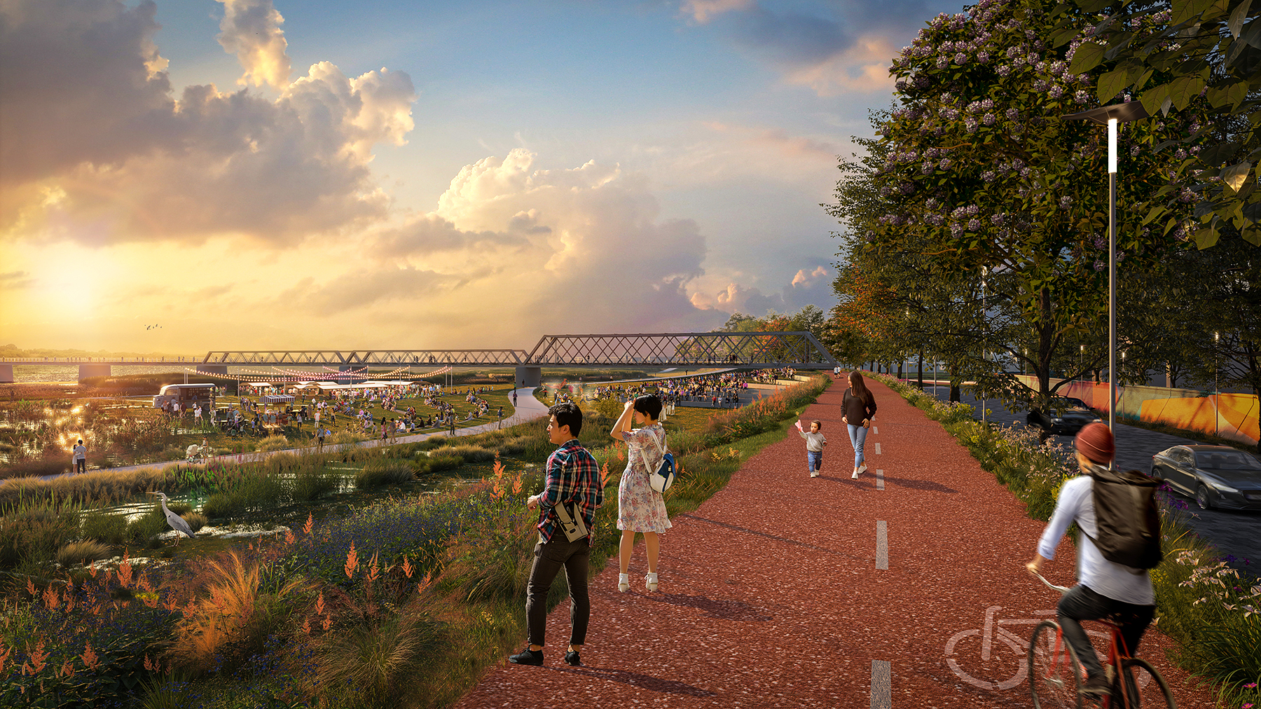 The master plan for Huwei calls for adding trails along the dike that separates the town from the Beigang River and creating sports fields and other amenities in between the dike and the river. (Image courtesy of MVRDV)