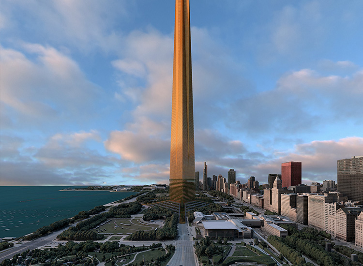 Tall, thin building that tapers in width as it rises. 