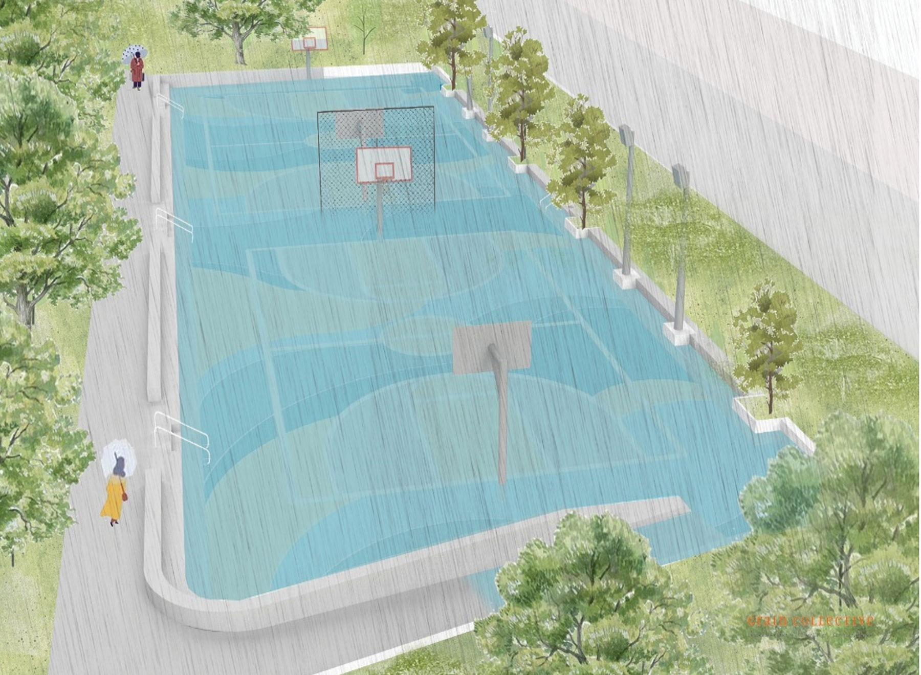 As part of the South Jamaica Houses project in Queens, the surface of an existing basketball court will be lowered so that it can hold stormwater runoff. (Image courtesy of New York City Department of Environmental Protection)