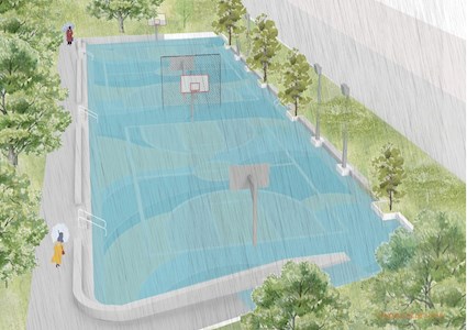 SUNKEN BASKETBALL COURT FILLED WITH WATER