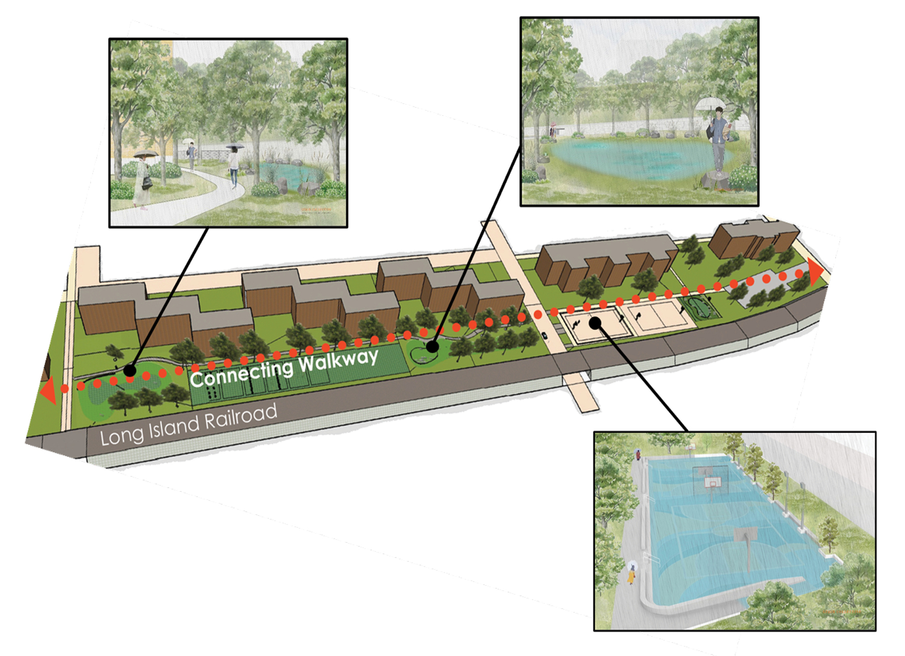 For its first cloudburst management project, New York City will direct stormwater runoff to grassy areas and a basketball court in a housing project in Queens to control flooding associated with sudden, intense downpours. (Image courtesy of New York City Department of Environmental Protection)