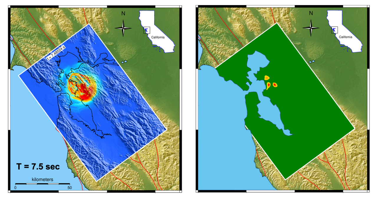 A still image of the EQSIM simulation 7.5 seconds after a magnitude 7 fault rupture along the Hayward Fault in the San Francisco Bay Area. (Image courtesy of David McCallen/Berkeley Lab)