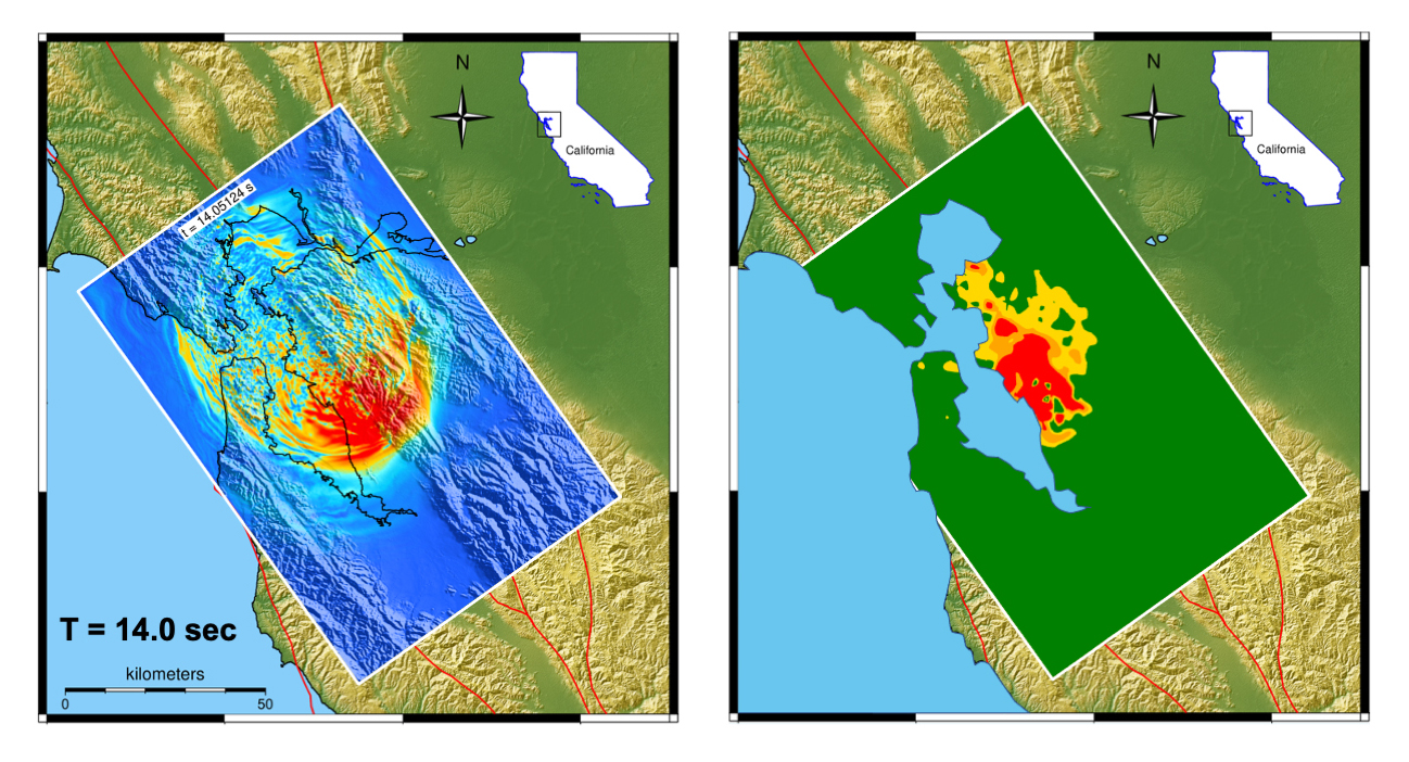 Fourteen seconds after the same Hayward Fault rupture in the EQSIM simulation, the areas of damage grow across the Bay Area. (Image courtesy of David McCallen/Berkeley Lab)
