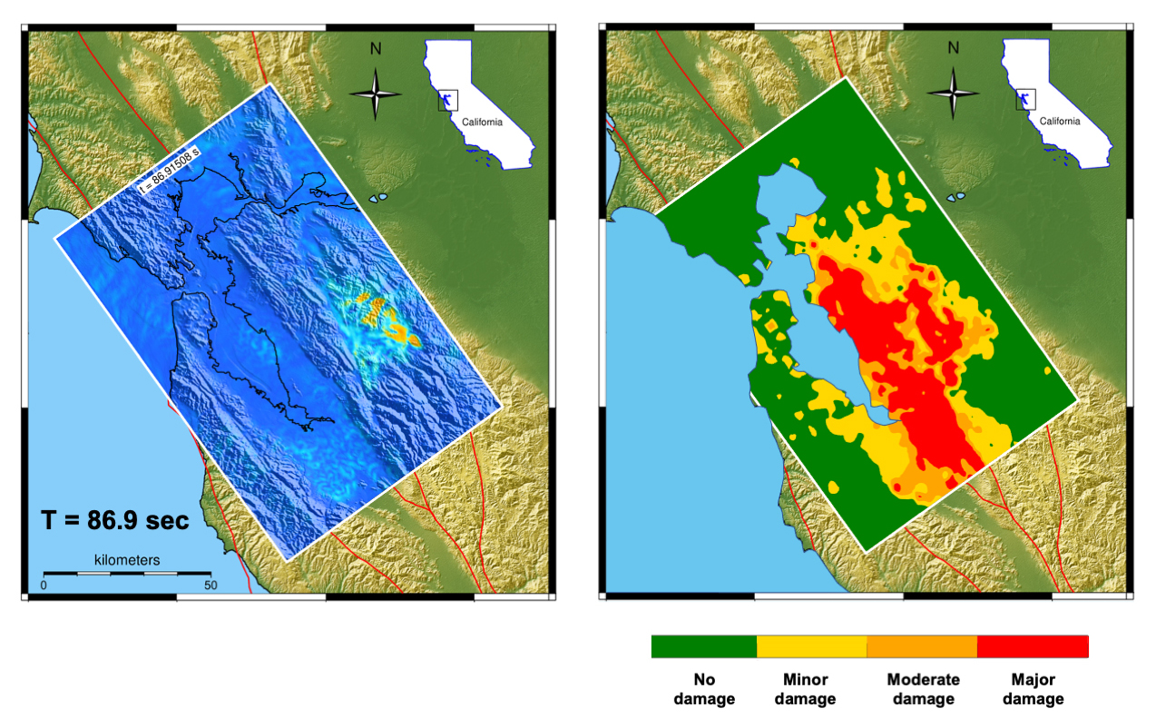 A final image of the same EQSIM simulation 86.9 seconds after the rupture shows extensive major damage across the city and surrounding areas. (Image courtesy of David McCallen/Berkeley Lab)