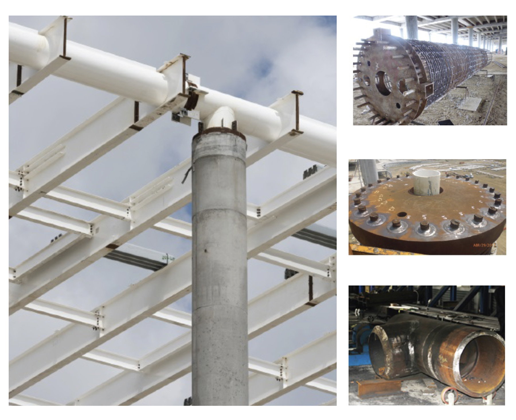 Image shows the transition between the concrete roof column and tubular primary girders on the left. On the right are three smaller pictures showing how column-reinforcing bars are connected to the base plates via welds.