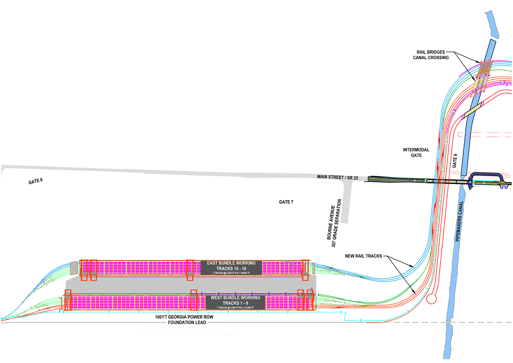 Drawing of a portion of a rail yard including the new tracks, intermodal gate, and the foundation lead.