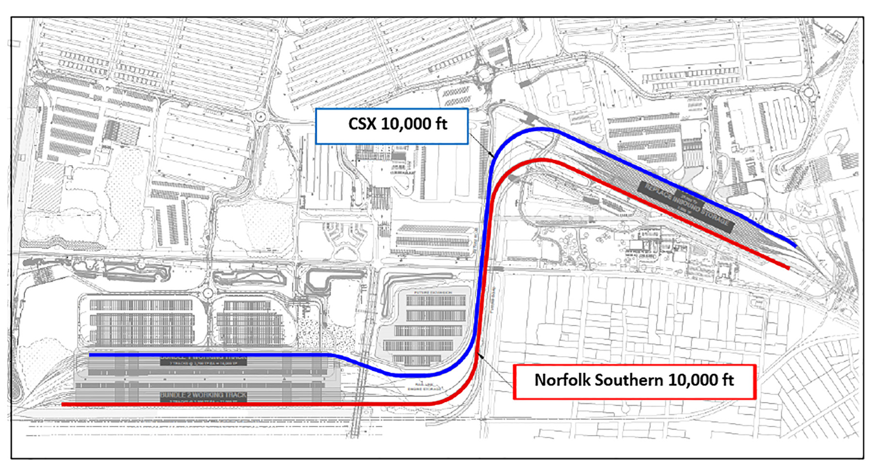 Plan view of a rail yard where trains are assembled.