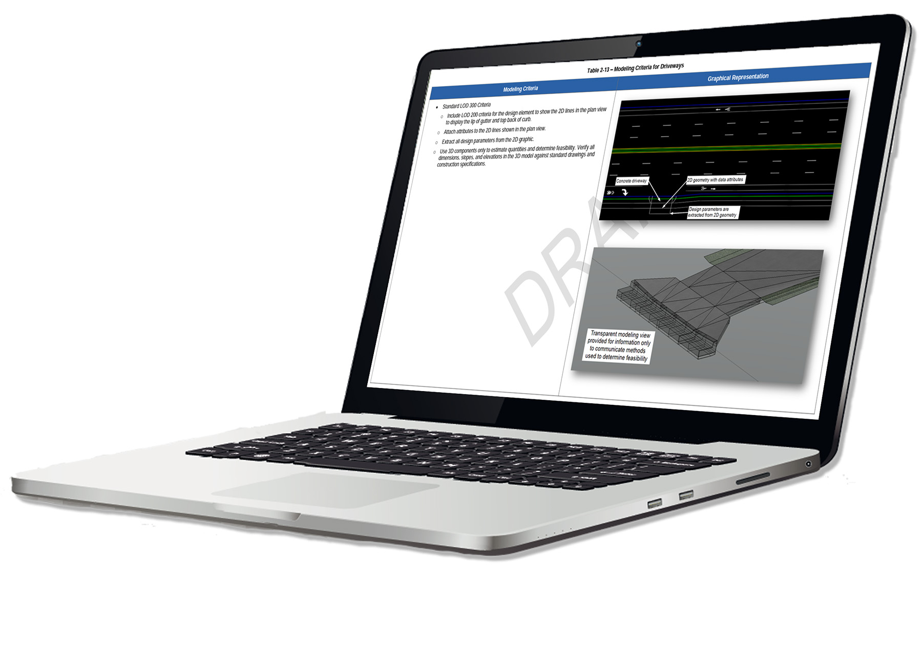 Image on a laptop shows modeling criteria for driveways.