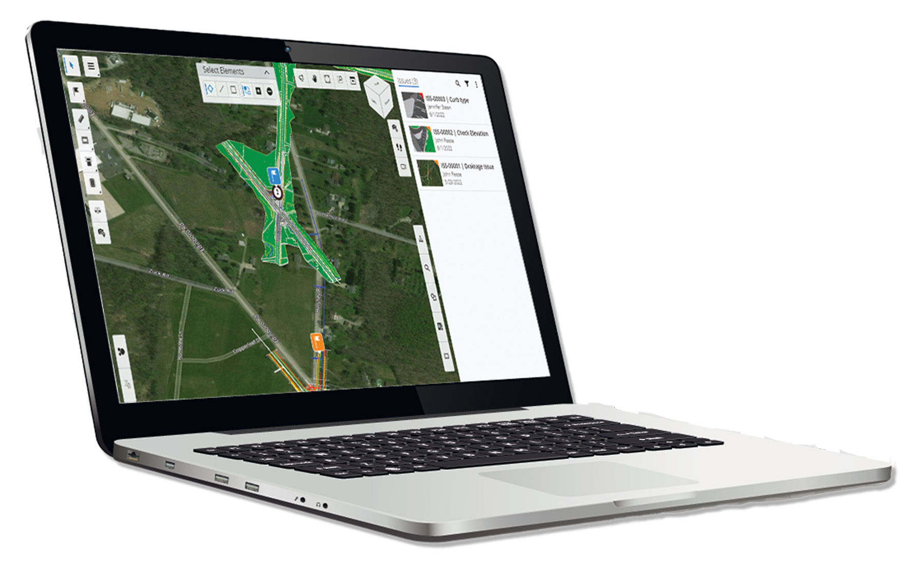 Image on a laptop shows a digital design review with markings for roads.