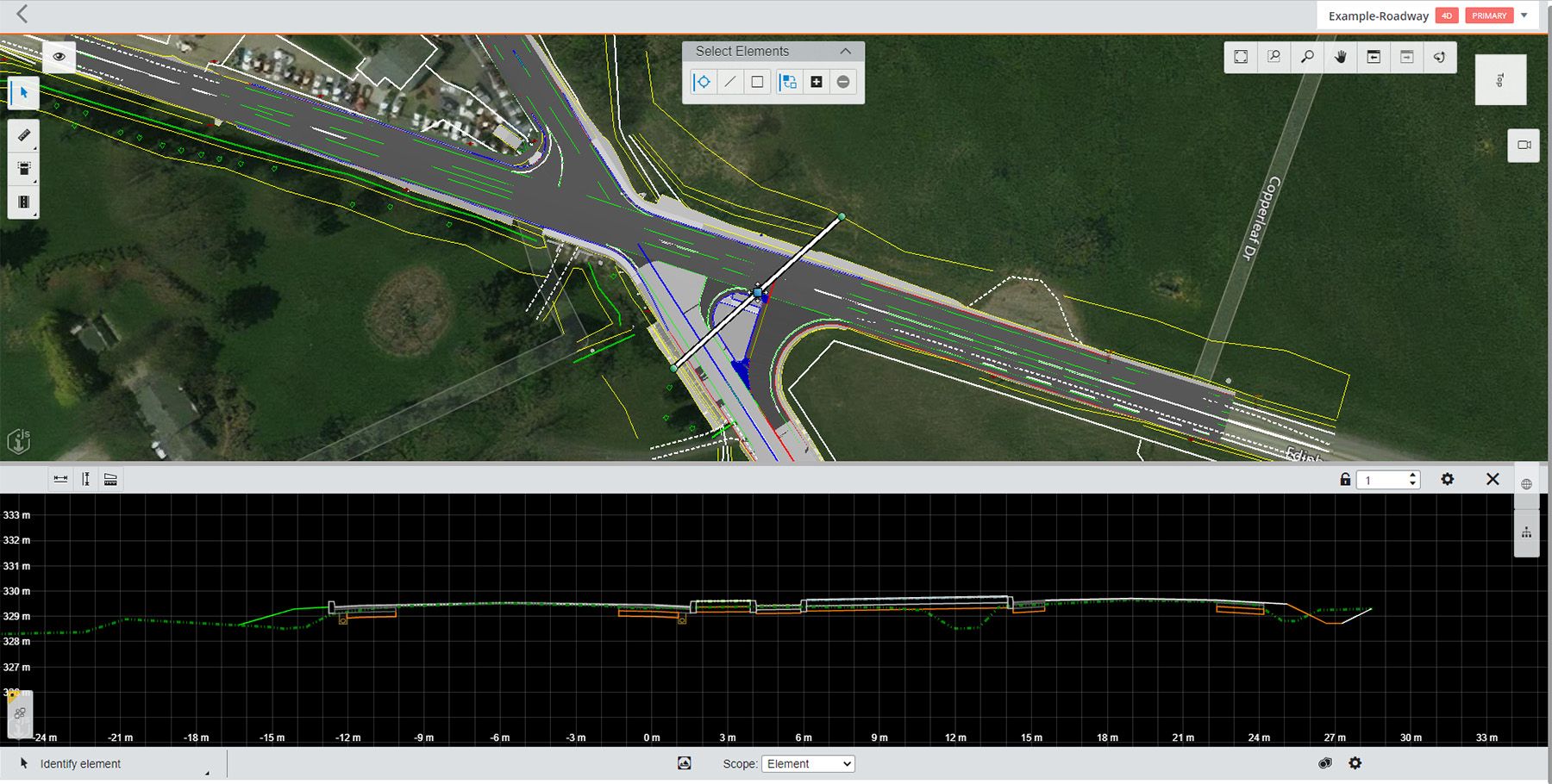 Image shows a project model plan for a roadway.