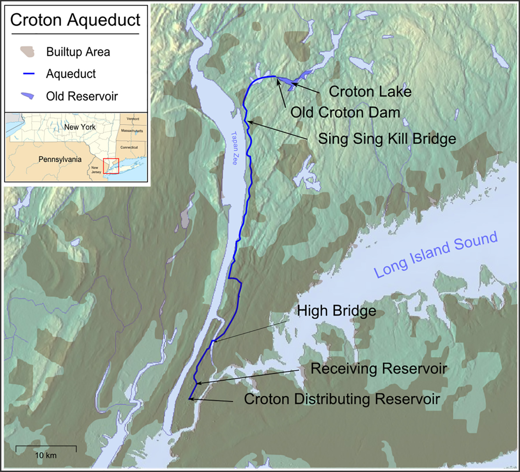 Map shows the portions of a dam from a lake in the north to a distributing reservoir in the south.