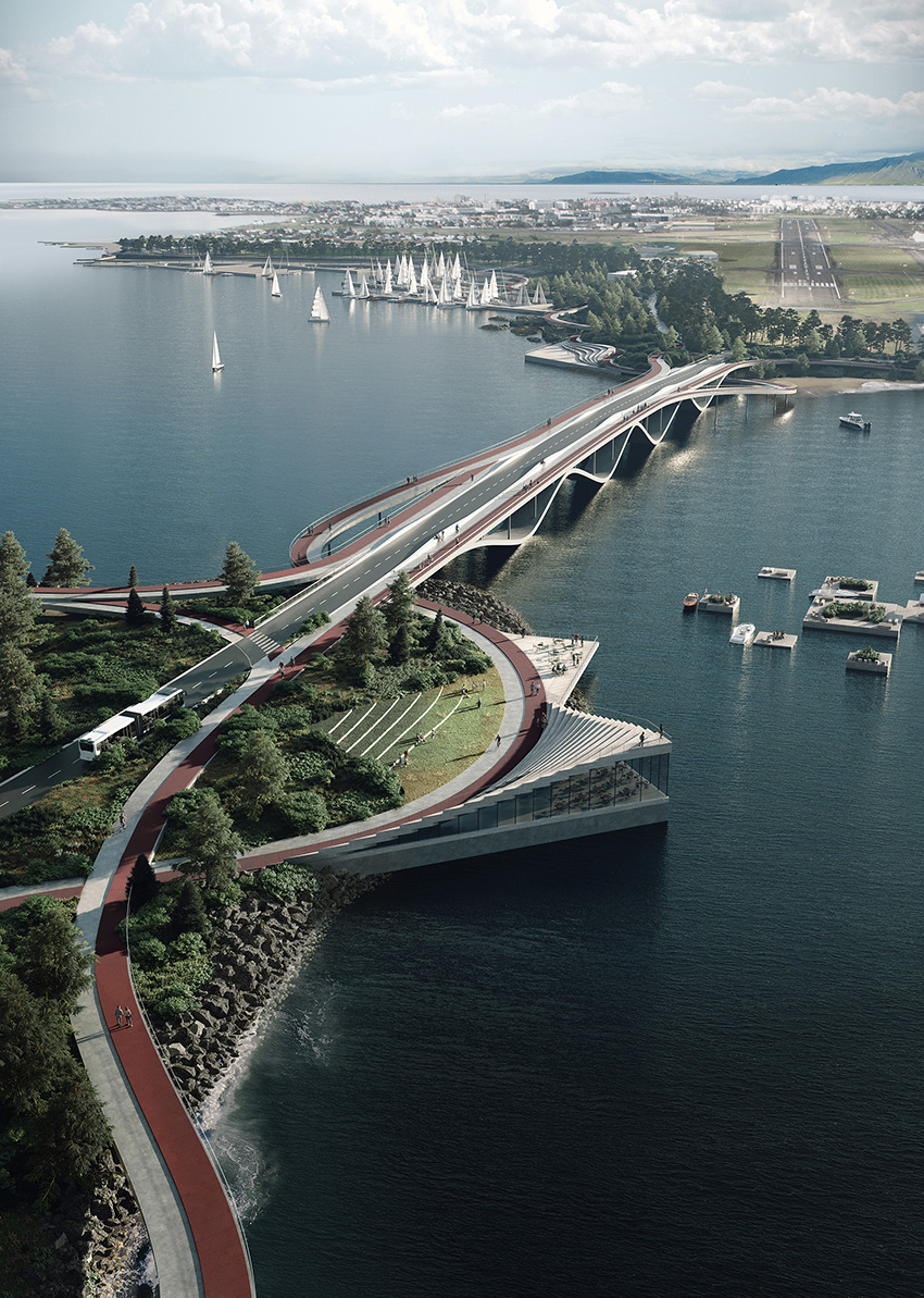 Rendering shows a multilane bridge traversing a body of water. 