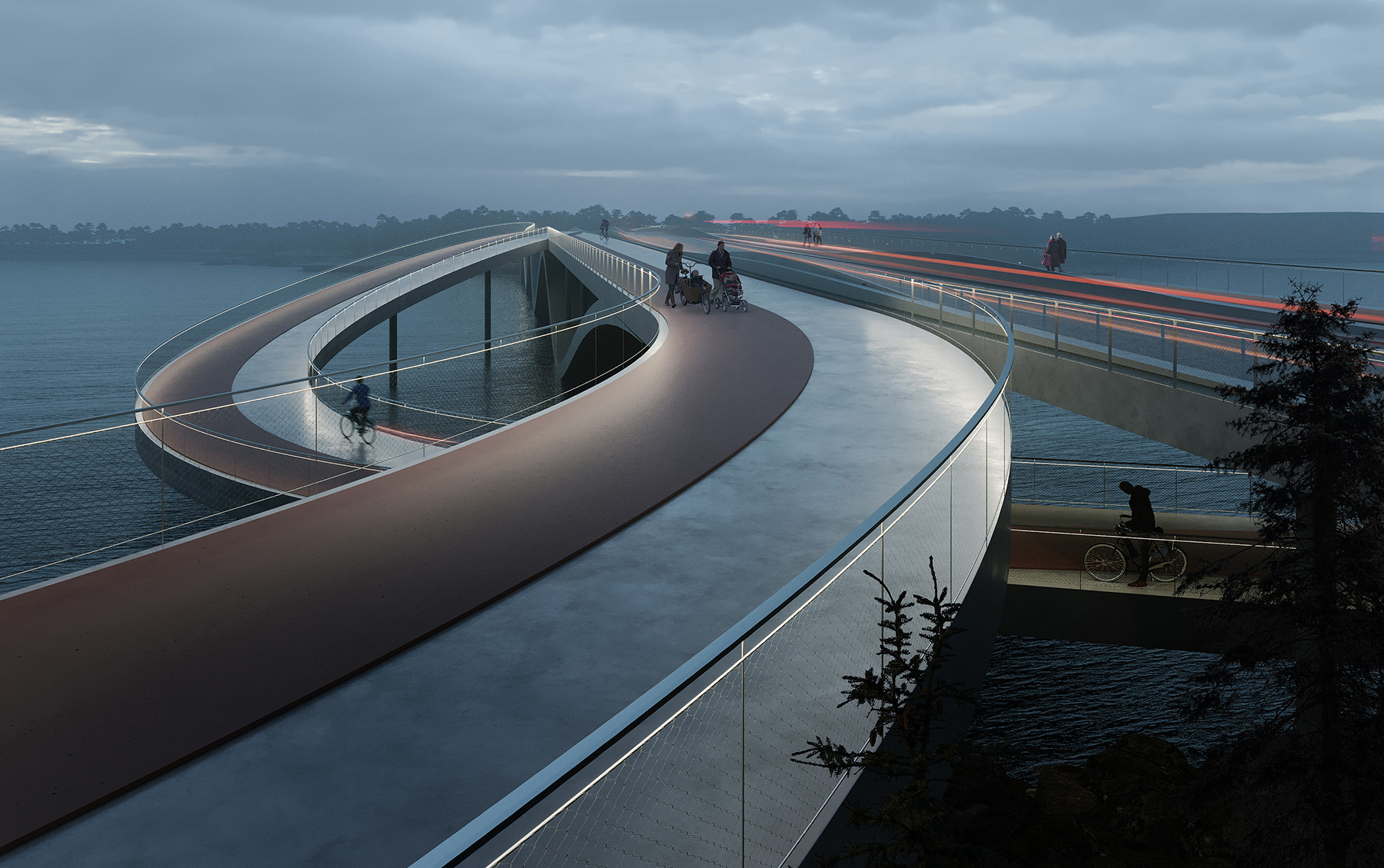 Rendering shows a multilane bridge traversing a body of water.
