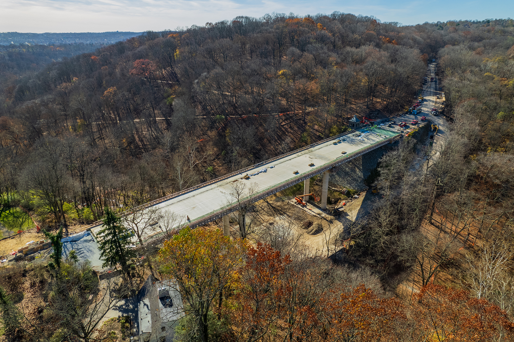 By early November, less than nine months after the collapse of the original span, the concrete deck had been completed on the new Fern Hollow Bridge.  (Image courtesy Swank Construction Co. LLC)