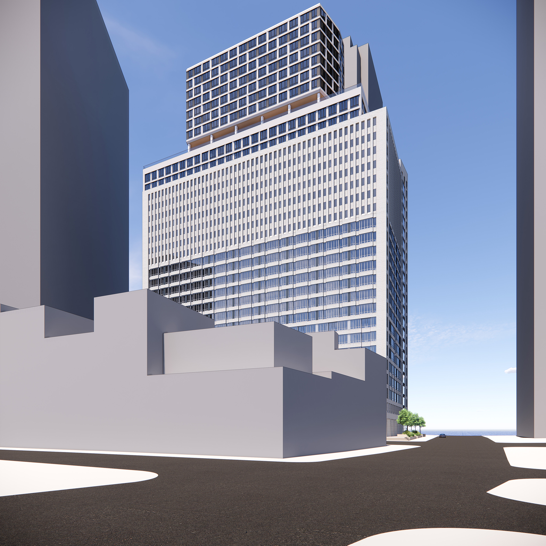 Among the modifications to be made to 25 Water Street to convert it from office to residential use, two courtyards will be cut into the center of the building to enable light and air to access the interior portions of the building. To make up for the lost floor space, 10 stories will be added to the top of the building. (Image courtesy of CetraRuddy)