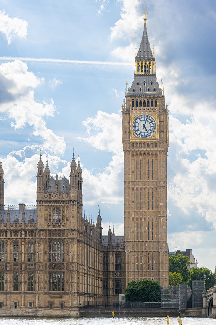A World War II bomb damaged the 96 m tall tower, which houses the famous, four-sided Big Ben clock. (©UK Parliament, Andy Bailey)