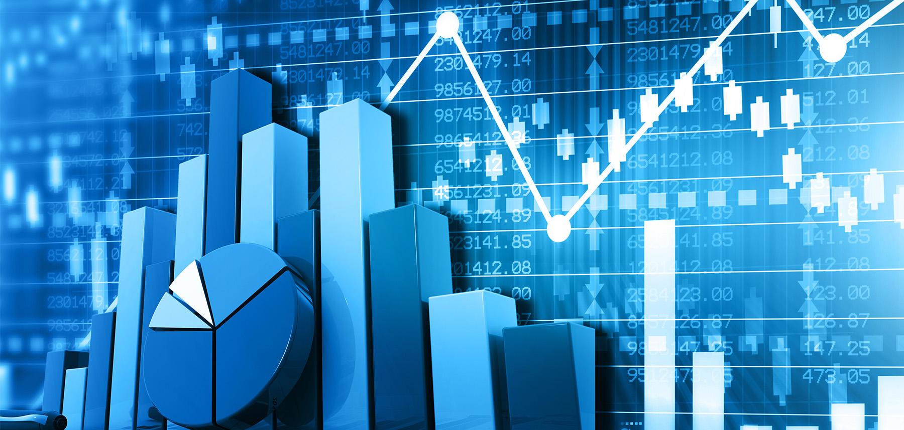 Image shows bar graphs and pie charts and other economic forecast elements.