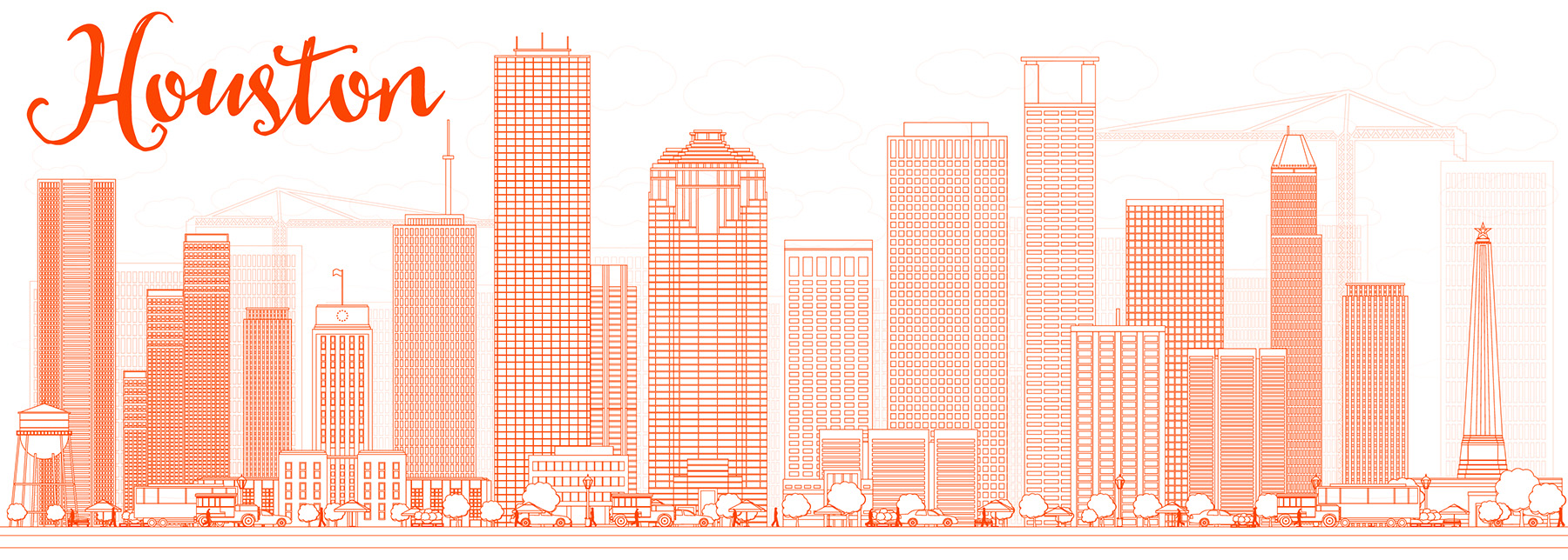 Image shows the Houston skyline as a drawing.