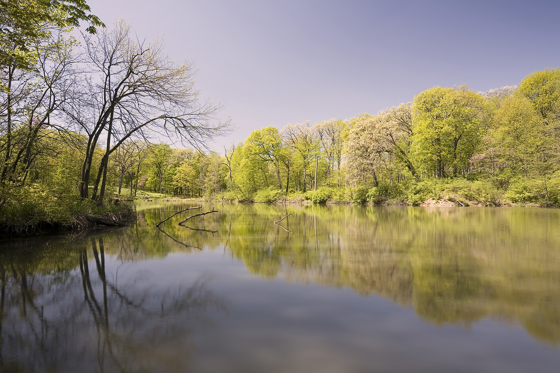 Photo shows a body of water surrounded by trees.