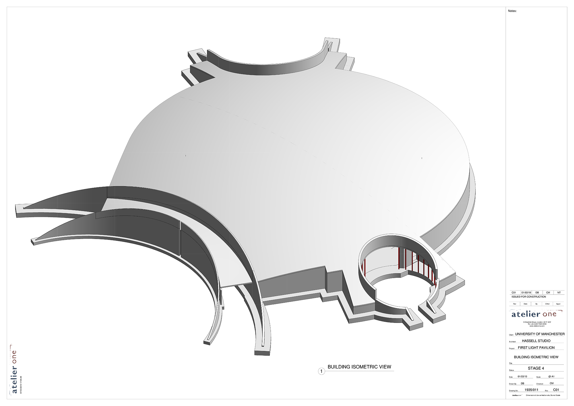 Isometric drawing of the First Light Pavilion. (Image courtesy of Atelier One)