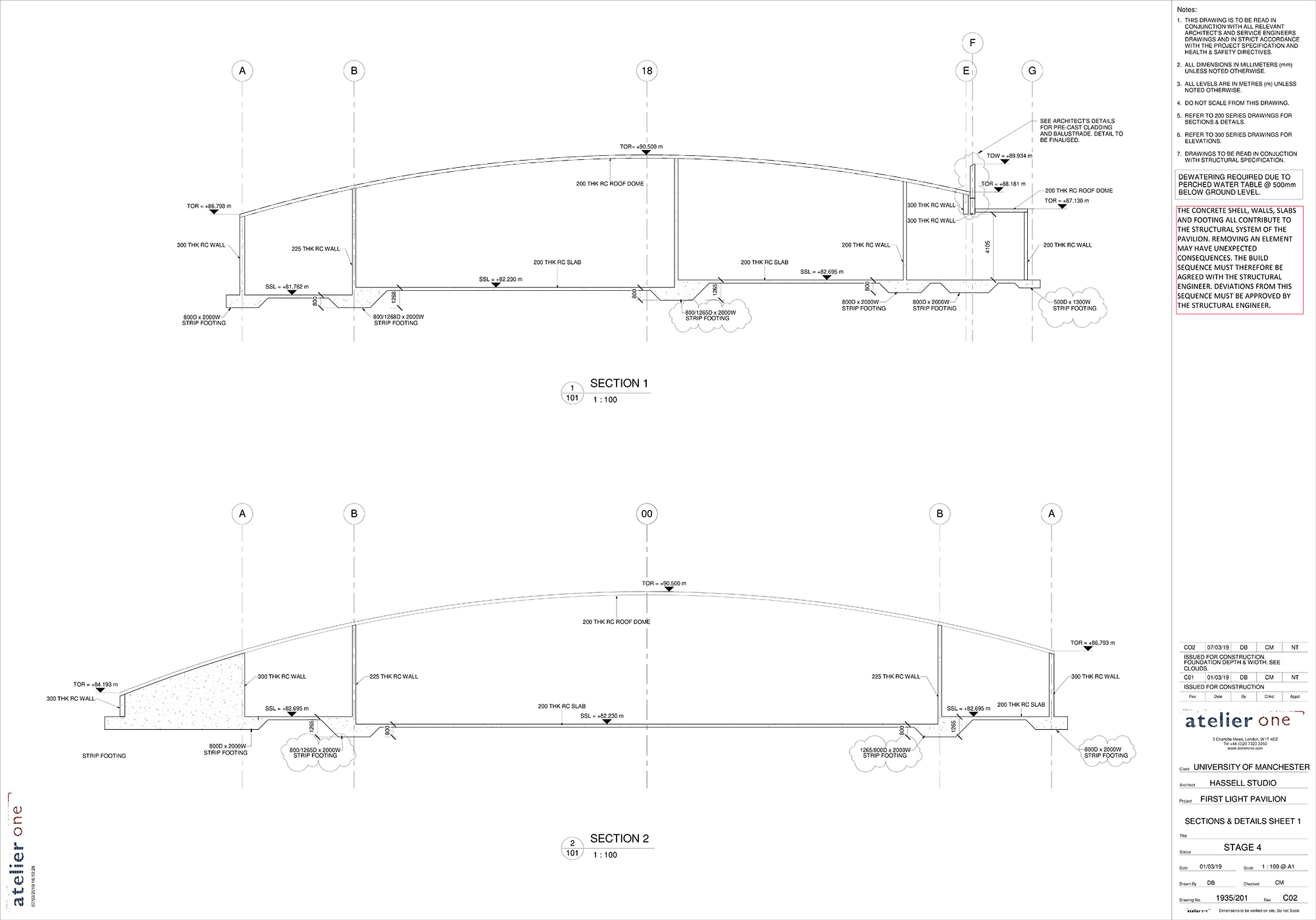 Section views of the First Light Pavilion. (Image courtesy of Atelier One)