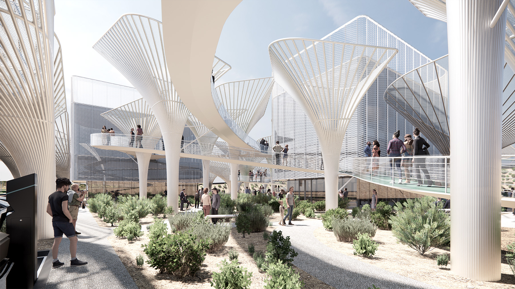 People walk through a large open space on paths and elevated walkways. There are tall, white multipronged structures sticking out of the ground. 