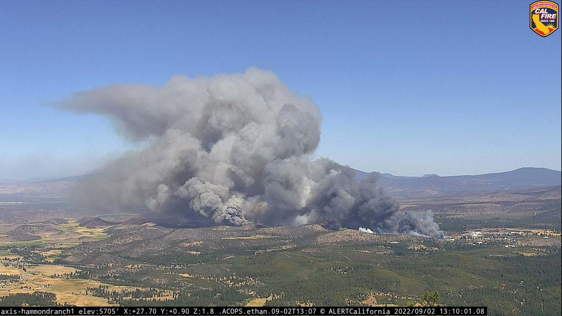 An ALERTCalifornia camera captures the Mill Fire near the town of Weed in Northern California on Sept. 9. (Image courtesy of ALERTCalifornia UC San Diego)
