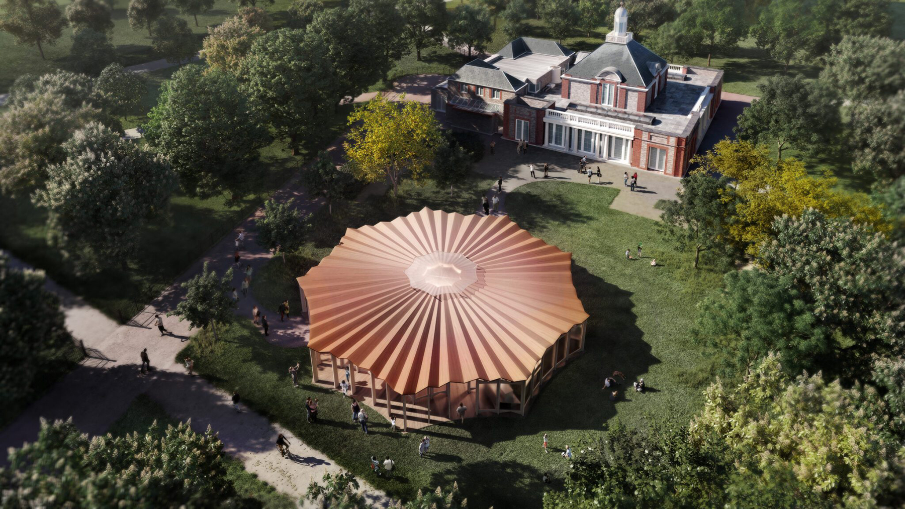 Serpentine Pavilion 2023 designed by Lina Ghotmeh — Architecture Design render, exterior view Photo © Lina Ghotmeh — Architecture, courtesy of Serpentine