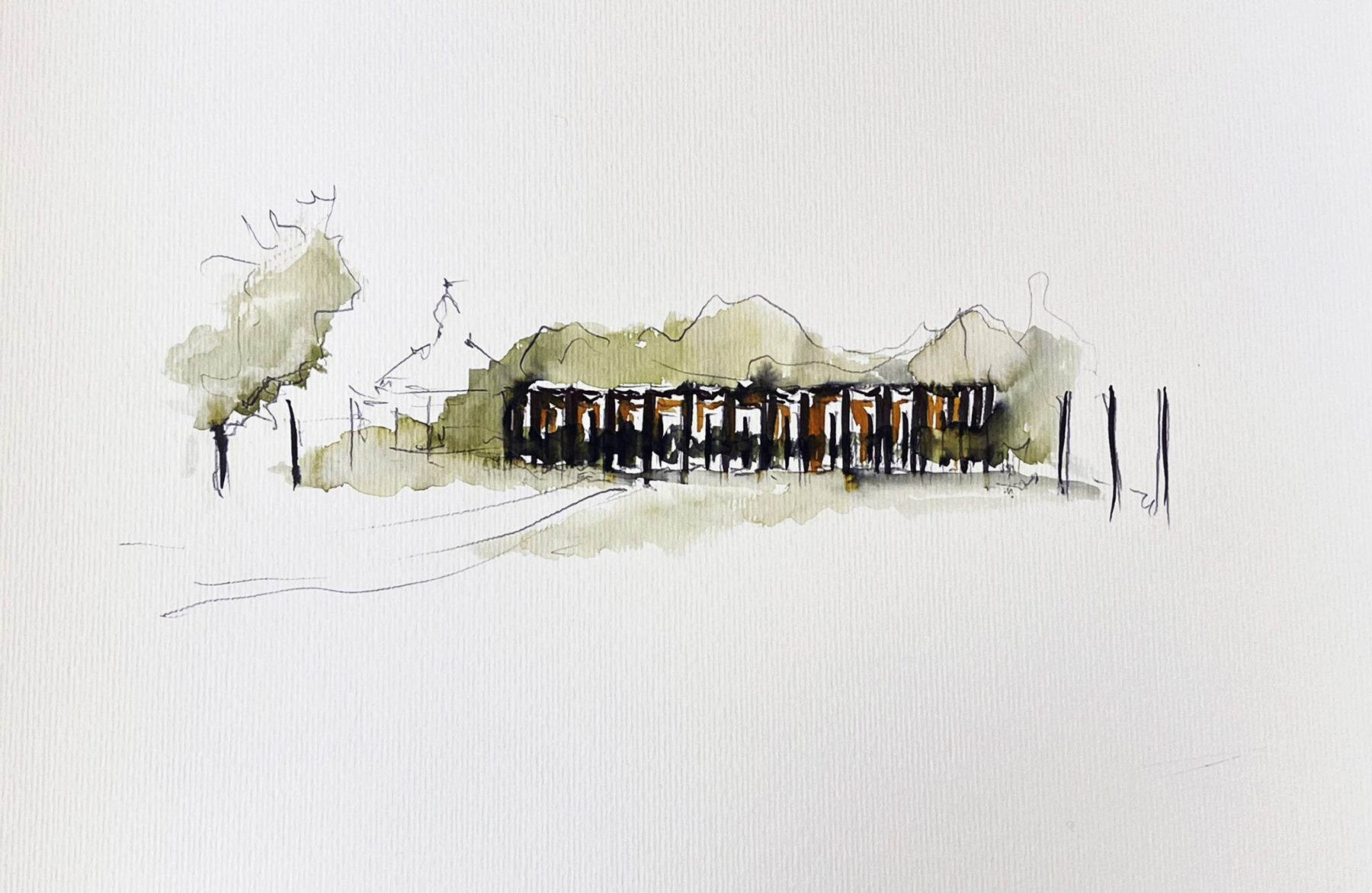 Serpentine Pavilion 2023 designed by Lina Ghotmeh — Architecture Built with Nature Ink, Pencil & Watercolor Sketch by © Lina Ghotmeh, courtesy of Serpentine