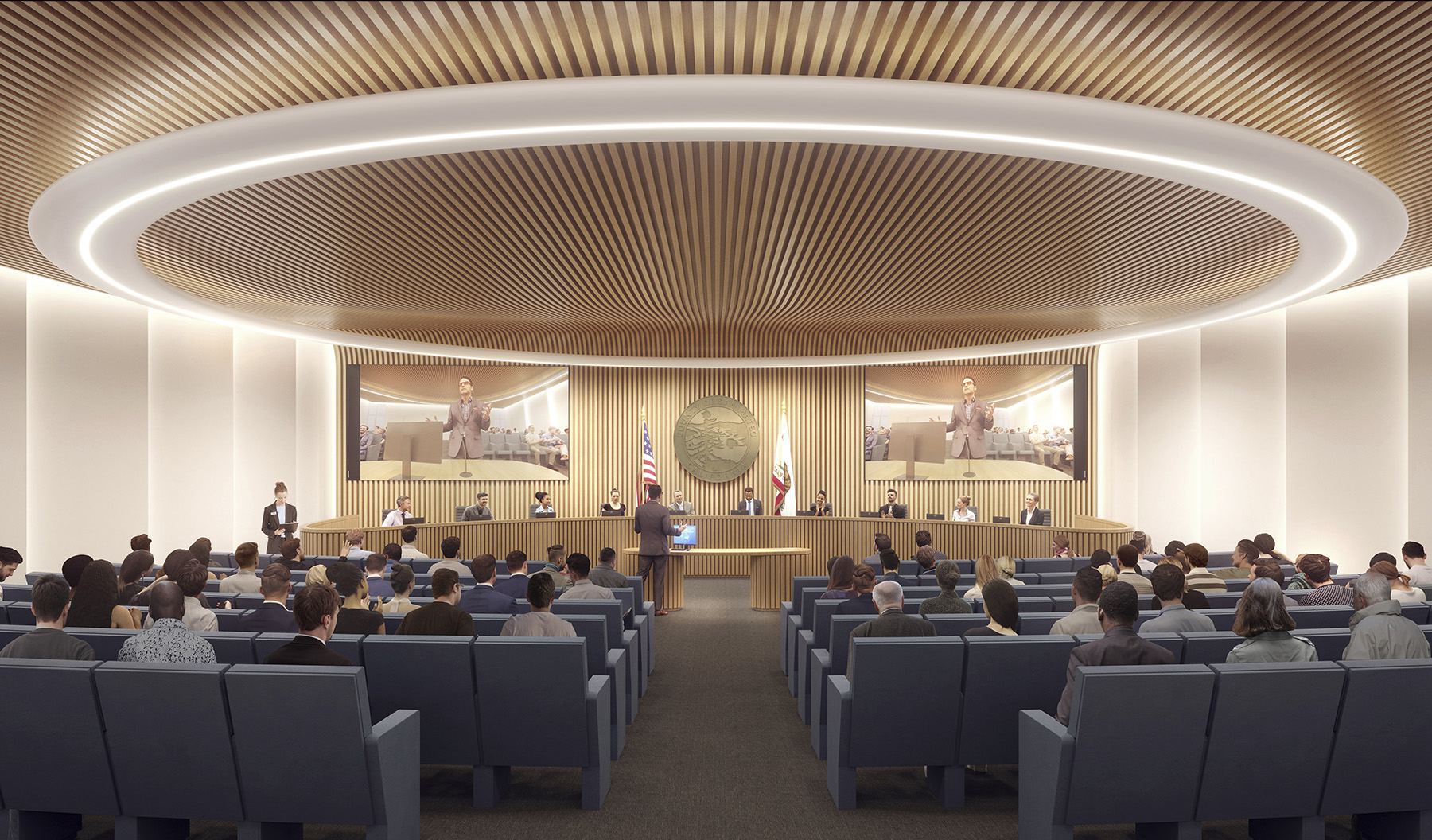 COB3’s ground floor will feature the large chamber in which the county’s board of supervisors will hold public meetings. (Rendering courtesy SOM)