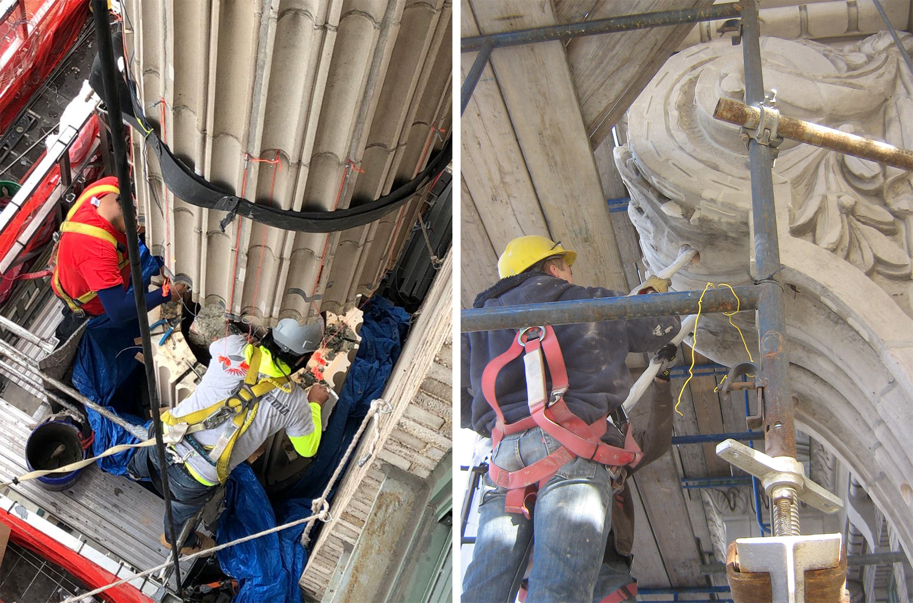 Work crews repair elements of a building facade. Rolled-up architectural plans stand next to each other.