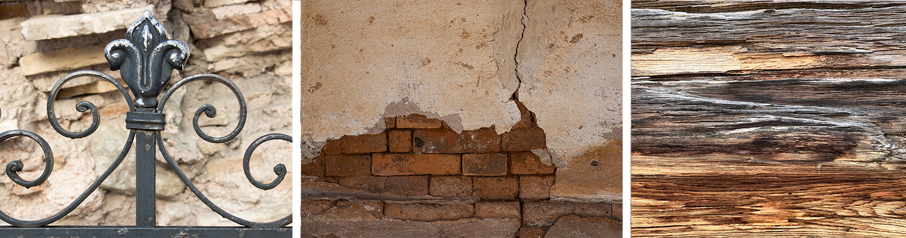 A series of three photos shows various types of metal, masonry, and wood.