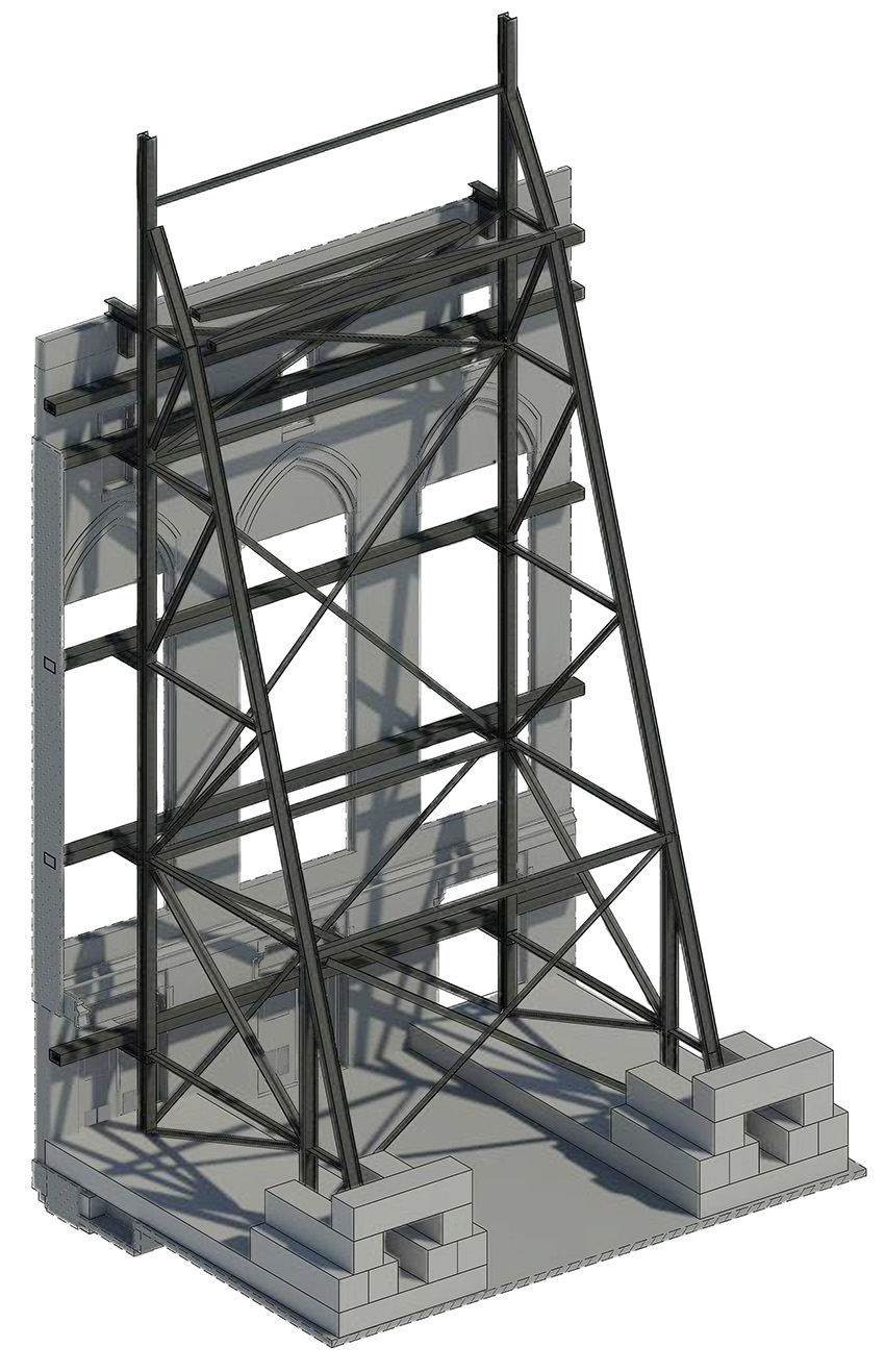 Figure shows a temporary bracing system for a façade wall. The bracing is horizontal, vertical, and diagonal.