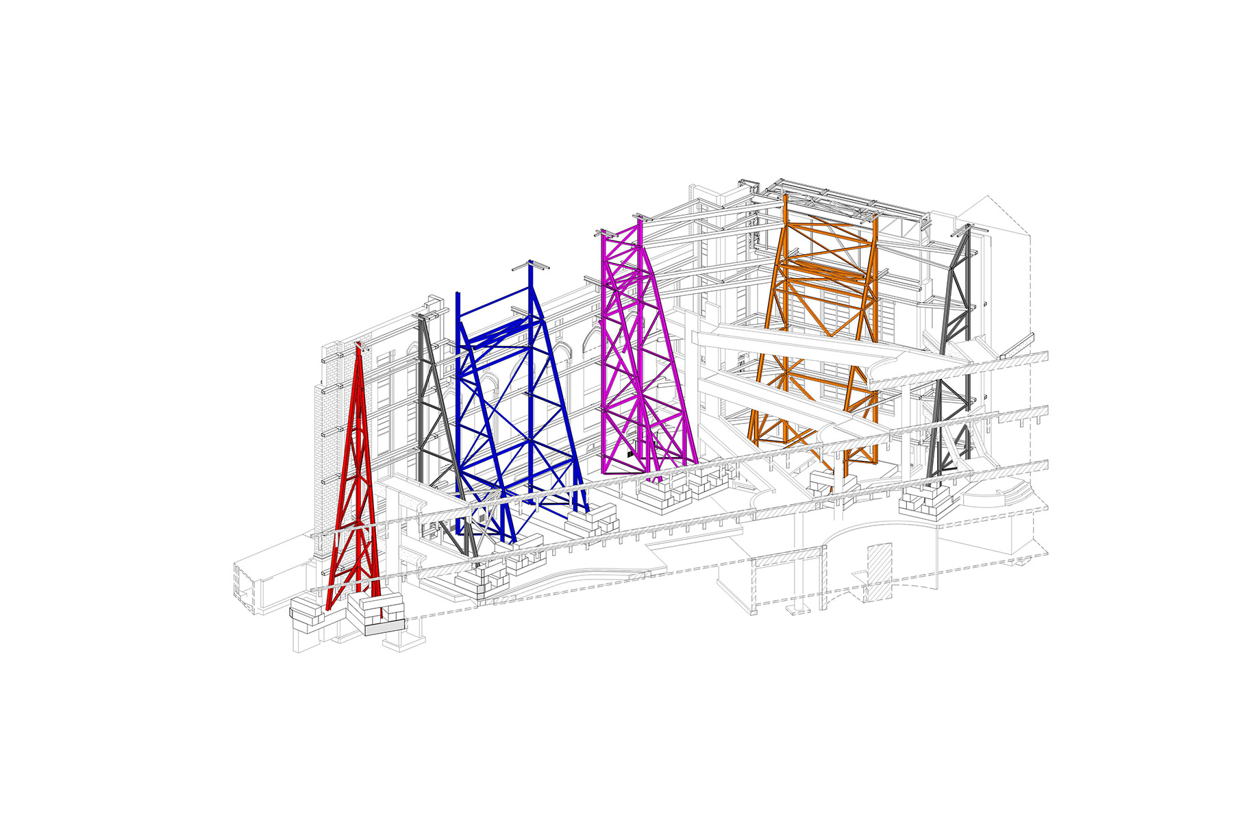 Figure shows a temporary bracing system for a façade wall. The bracing is horizontal, vertical, and diagonal.