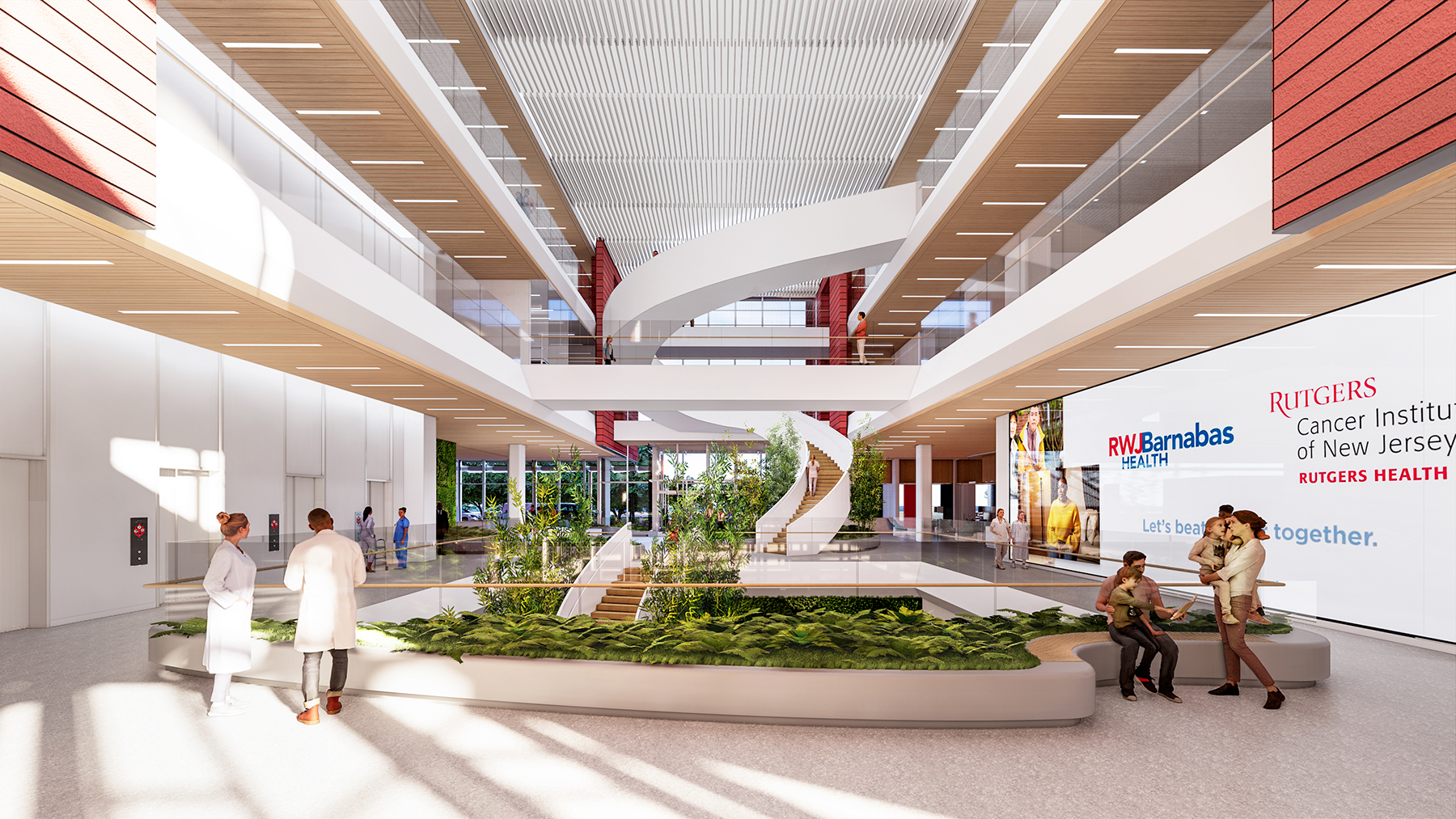 Interior pedestrian bridges will crisscross the large open atrium and laterally tie together the sides of the building. (Rendering courtesy of HOK)