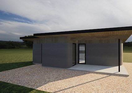 Made from a so-called green cement product, the 3D-printed houses range in size from 400 sq ft to 900 sq ft. (Rendering courtesy Hive3D)