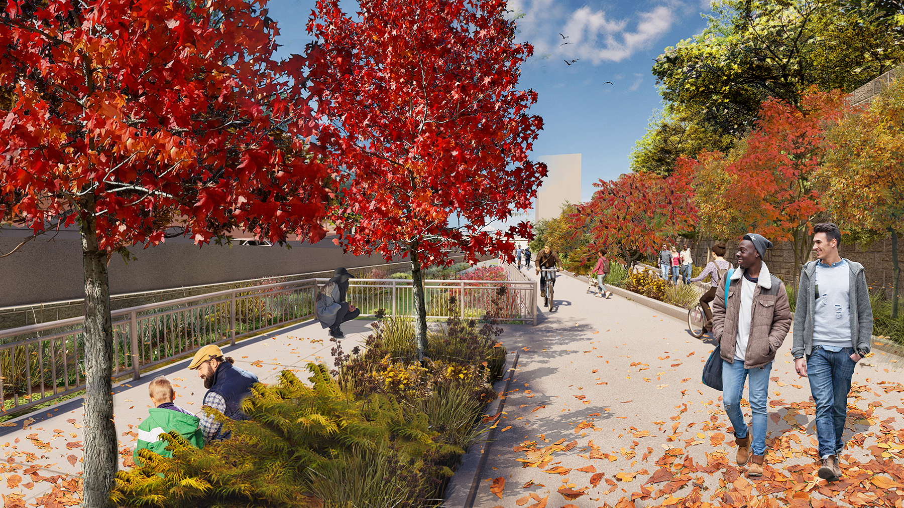 This rendering shows a planned segment of the restored Tibbetts Brook and the extended Putnam Greenway within the existing right of way that New York City has agreed to purchase from CSX. The view is looking south near West 239th Street in the Bronx. (Image courtesy of the New York City Department of Environmental Protection)