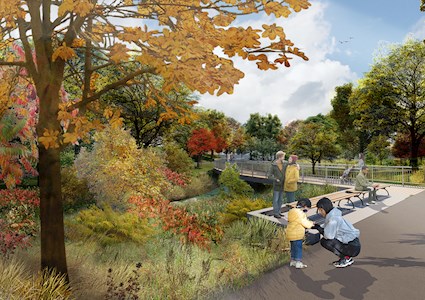 A rendering of the restored Tibbetts Brook in Van Cortlandt Park. (Image courtesy of the New York City Department of Environmental Protection)
