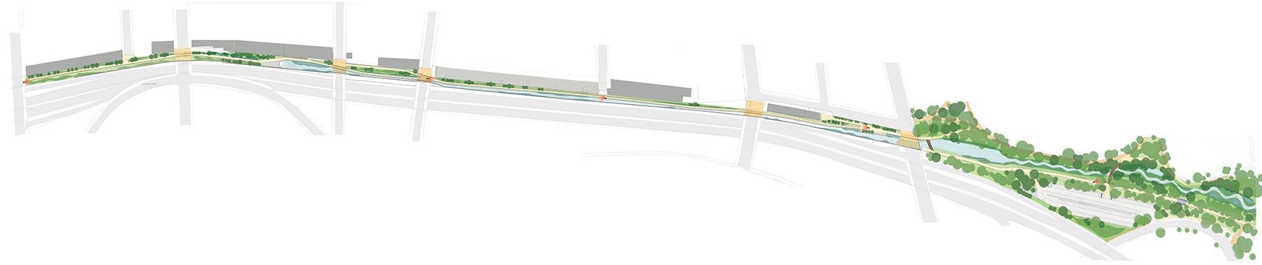 This site plan depicts the above-ground section of the restored Tibbetts Brook from Van Cortlandt Park to near West 232nd Street. (Image courtesy of the New York City Department of Environmental Protection)