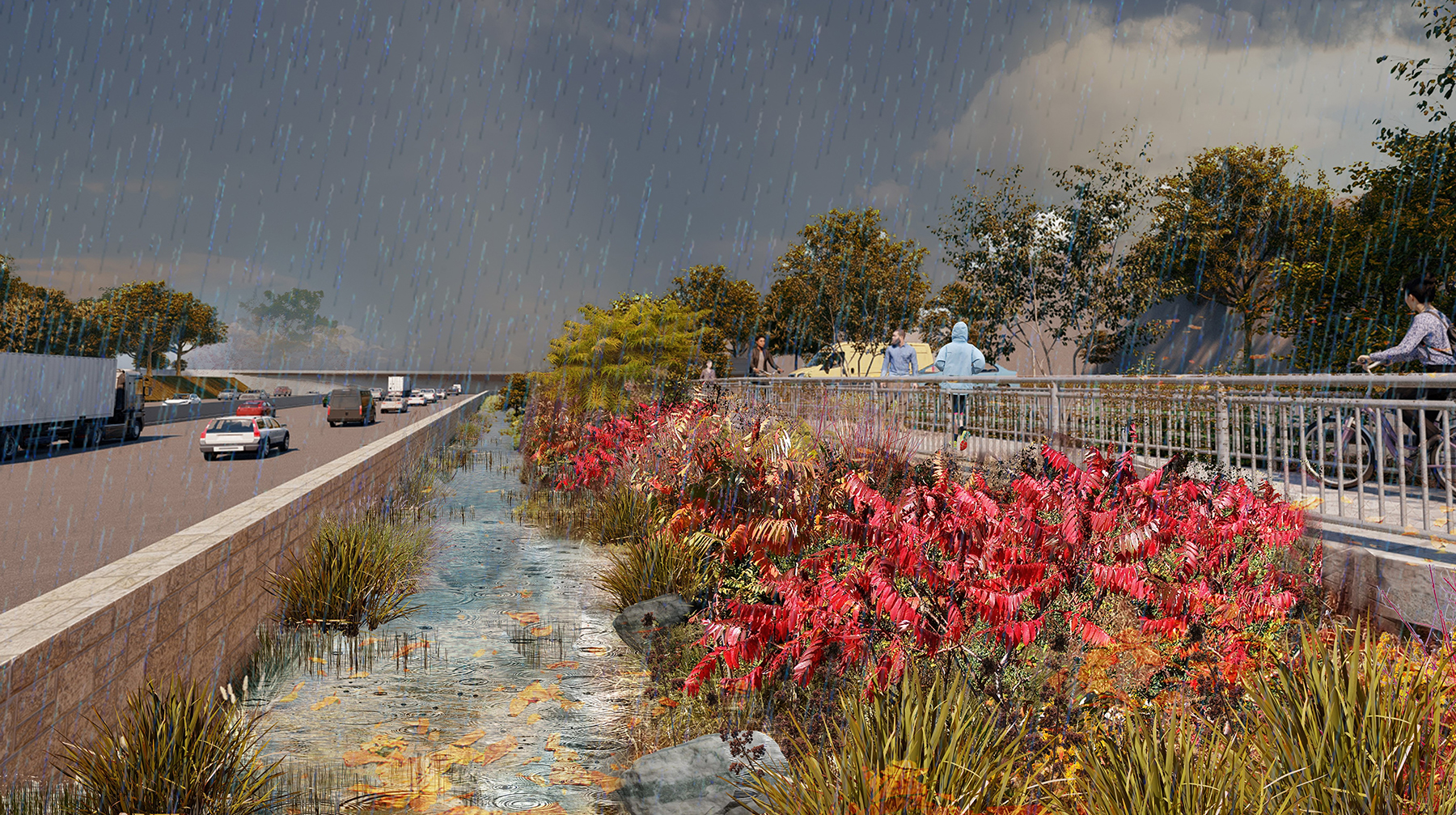 A rendering of the restored Tibbetts Brook and the Putnam Greenway looking south from West 236th Street. (Image courtesy of the New York City Department of Environmental Protection)