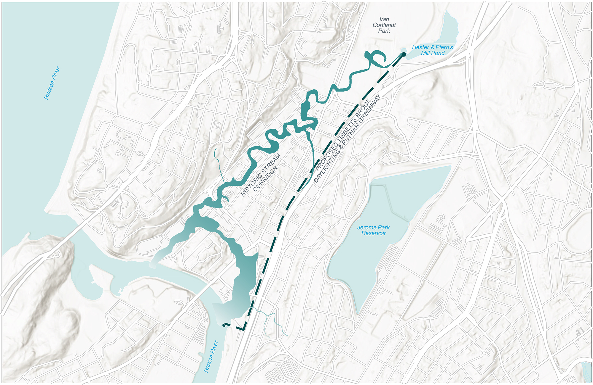 This map shows the historic location of Tibbetts Brook between Van Cortlandt Park and the Harlem River. (Image courtesy of the New York City Department of Environmental Protection)