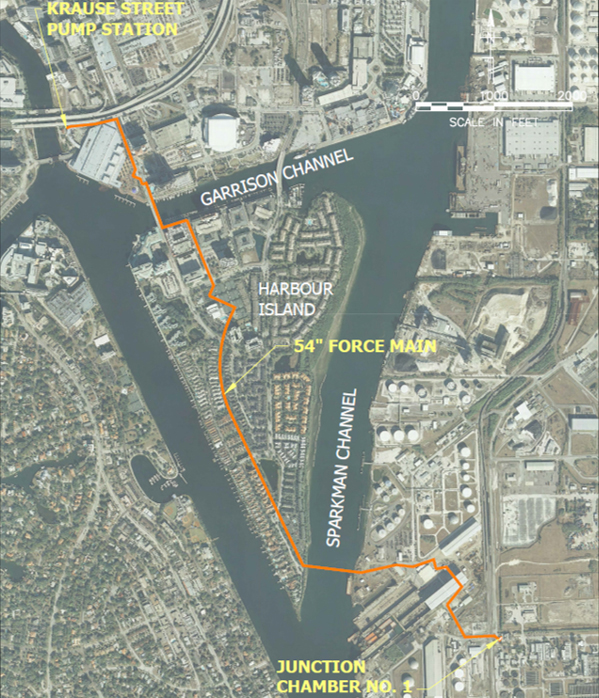 The original Harbour Island Force Main system from downtown Tampa crosses Harbour Island to the wastewater treatment plant near Port Tampa Bay. (Wade Trim, Kimmins Contracting Corp., City of Tampa)