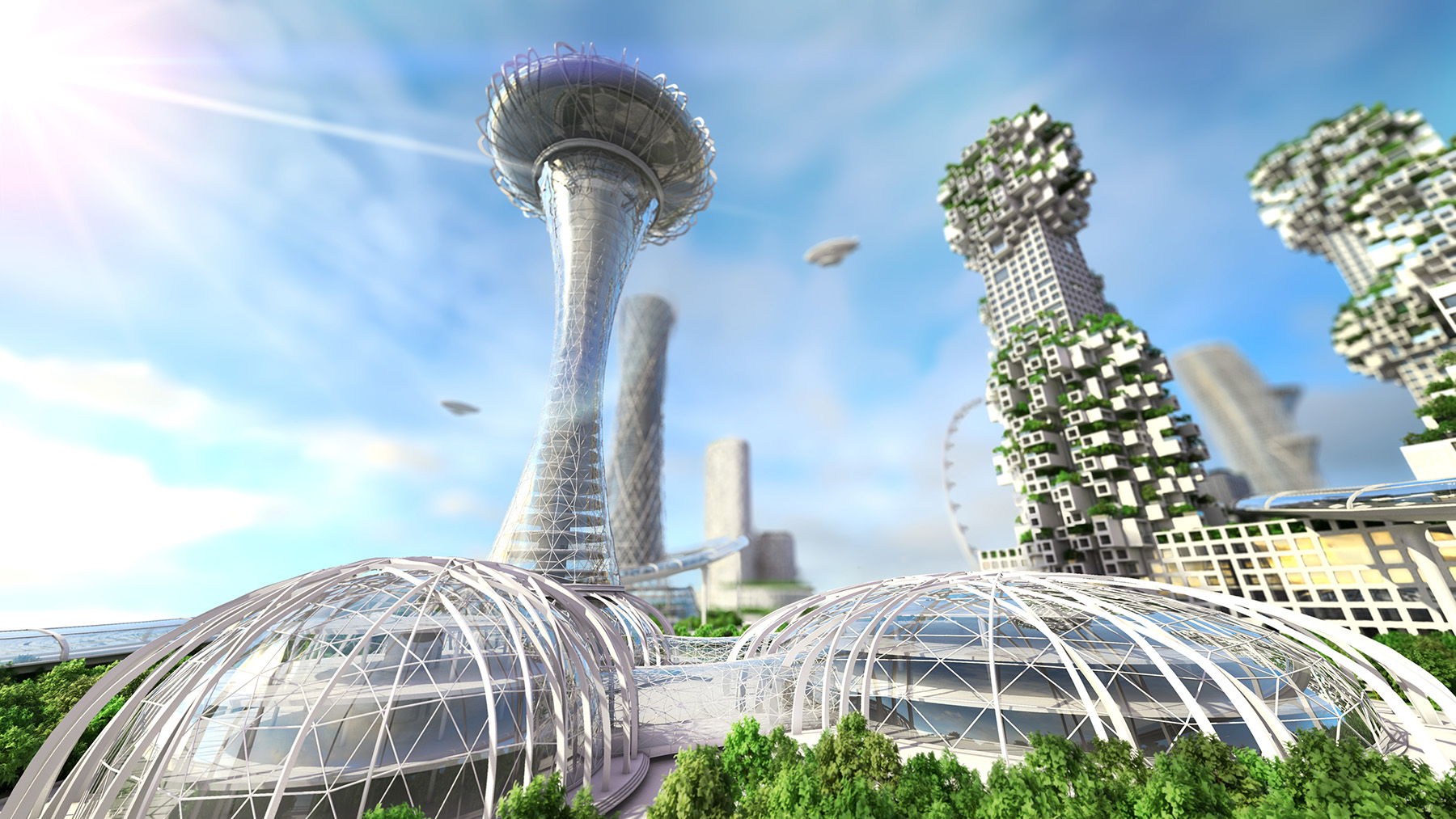 Futuristic city with flying vehicles, innovative architecture, and rapid transit. 