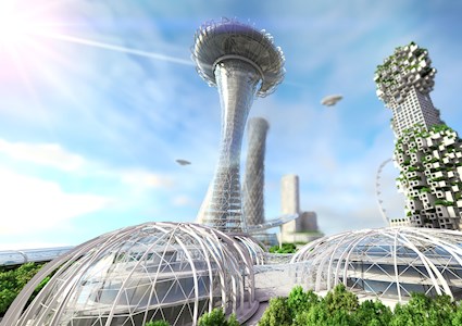 Futuristic city with flying vehicles, innovative architecture, and rapid transit. 