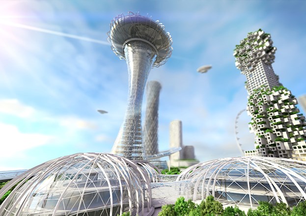 Futuristic city with flying vehicles, innovative architecture, and rapid transit. 