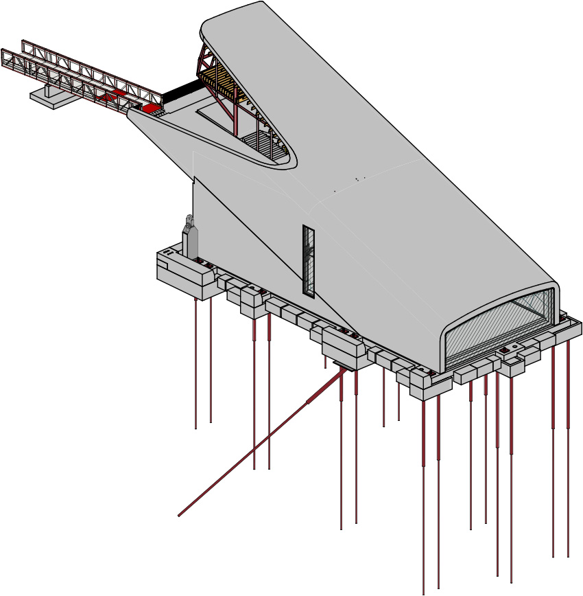 Figure shows the piles for an underwater restaurant. The piles look like skinny lines attached to the bottom of an odd-shaped structure. 