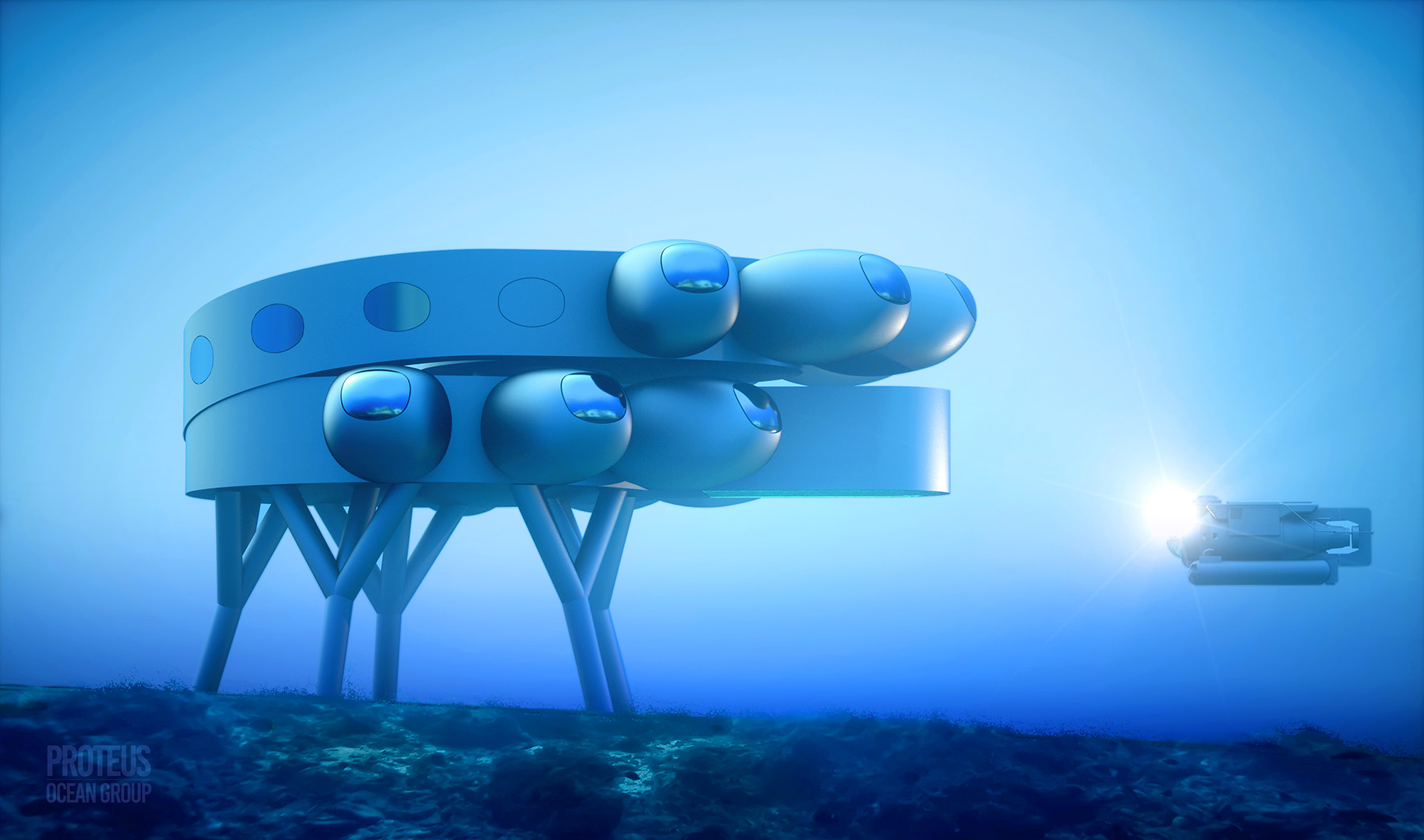 The rendering shows a modular underwater laboratory with multiple stories and large protuberances. 