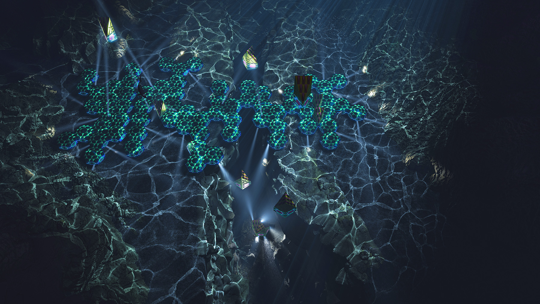 Modular underwater structures can serve as bases for people and machines to explore the undersea world and use ocean resources. The modules could be covered in polygonal ceramic tiles to distribute the water pressure at different angles, dissipating the forces acting on the surface shell.