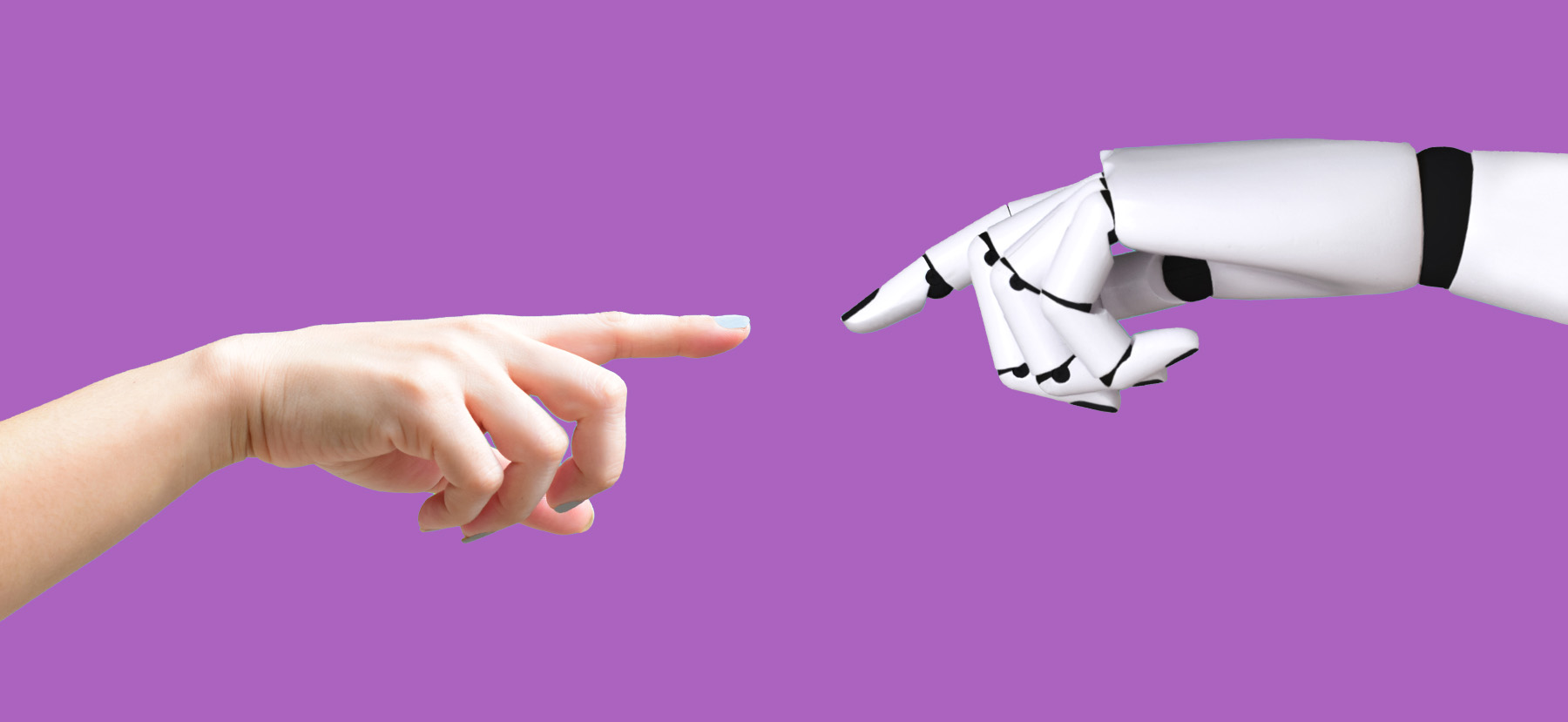 A human hand and a robotic hand reach for each other.