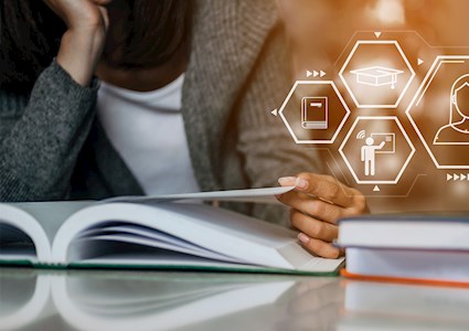 woman reads a book and symbols are in the background